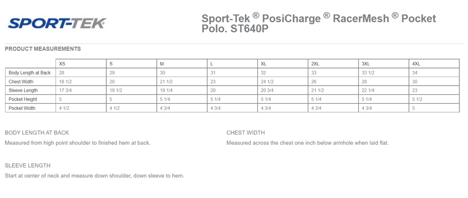 Size chart for a ST640P Sport-Tek PosiCharge RacerMesh Pocket Polo