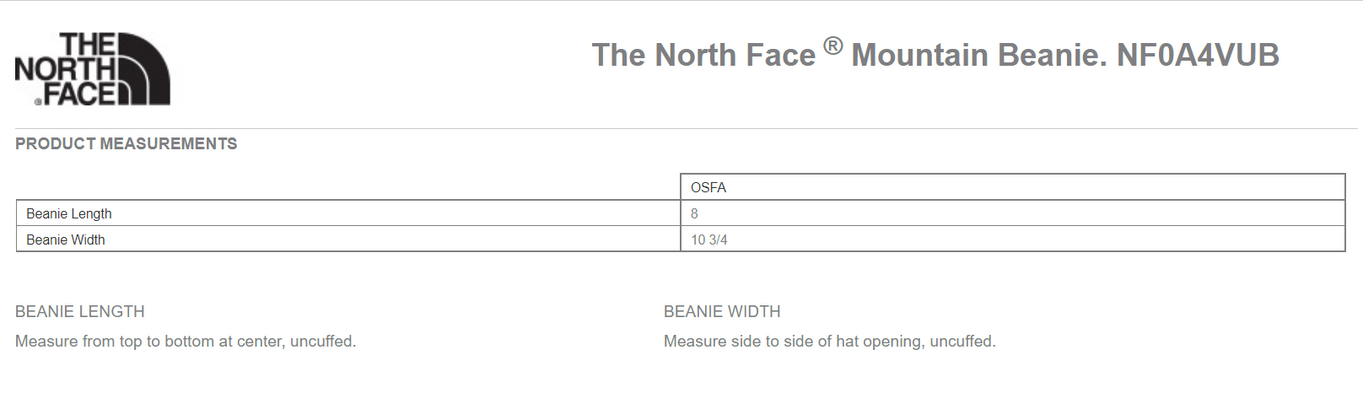 Size chart for a NF0A4VUB The North Face Mountain Beanie