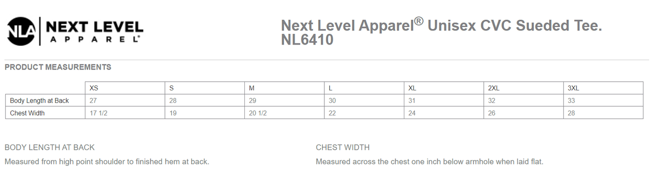 Size chart for a 6410 Next Level Unisex Sueded T-Shirt