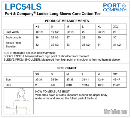 Size chart for a LPC54LS Port & Company Ladies Long Sleeve Core Cotton T-Shirt