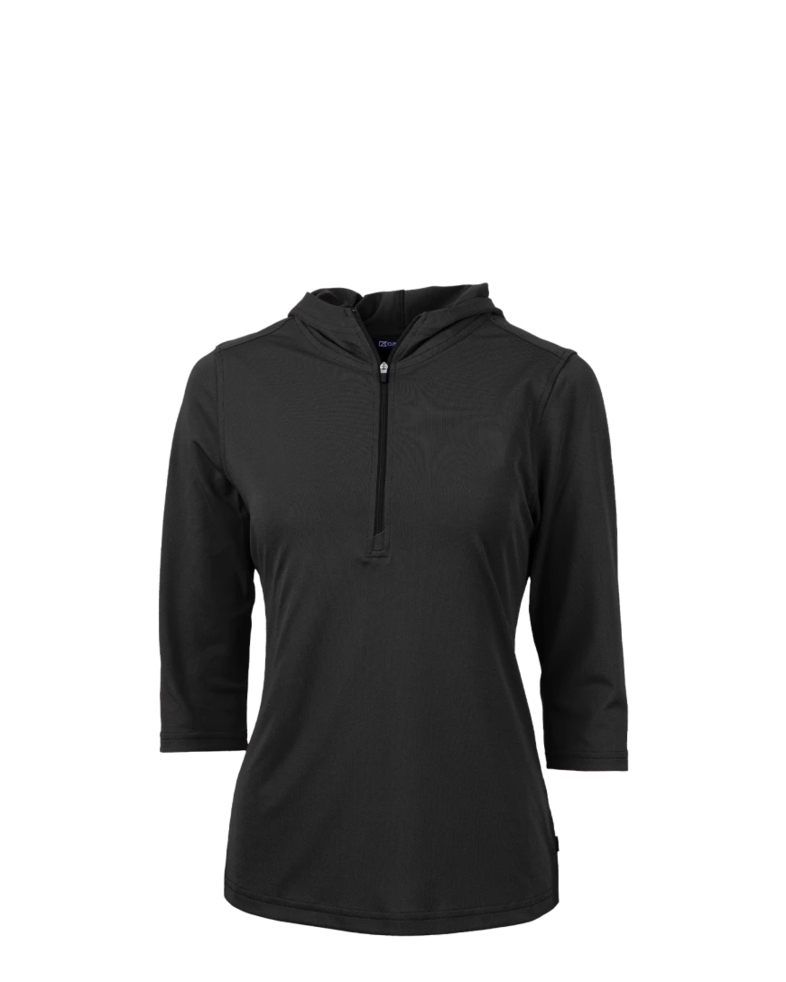 Image of a model wearing a LCK00120 Cutter & Buck Virtue Eco Pique Recycled Half Zip Pullover Womens Hoodie