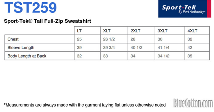 Size chart for a TST259 Sport-Tek Tall Full-Zip Sweatshirt