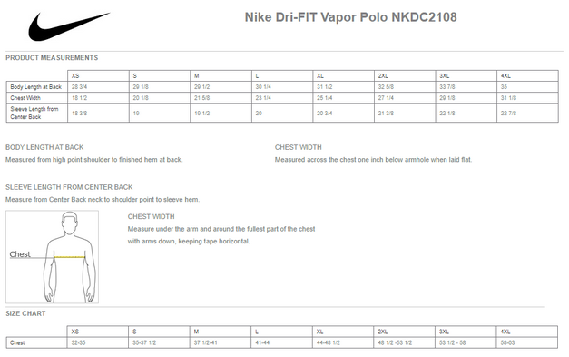 Size chart for a NKDC2108 Nike Dri-FIT Vapor Polo