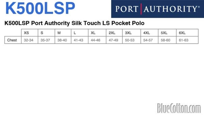 Size chart for a K500LSP Port Authority Silk Touch LS Pocket Polo