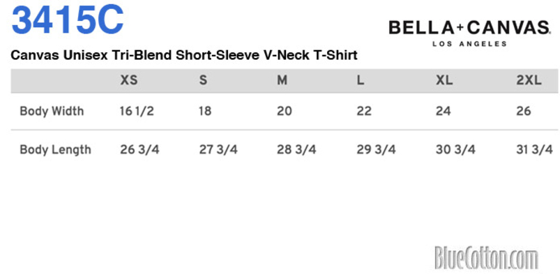 Size chart for a 3415C Bella + Canvas Unisex Tri-Blend Short-Sleeve V-Neck T-Shirt