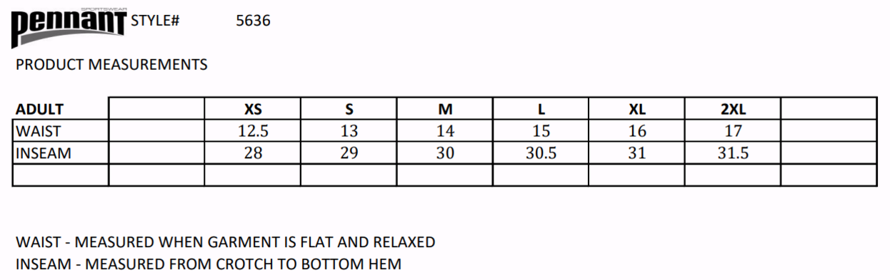 Size chart for a 5636 Pennant Womens Fleece Sweatpant