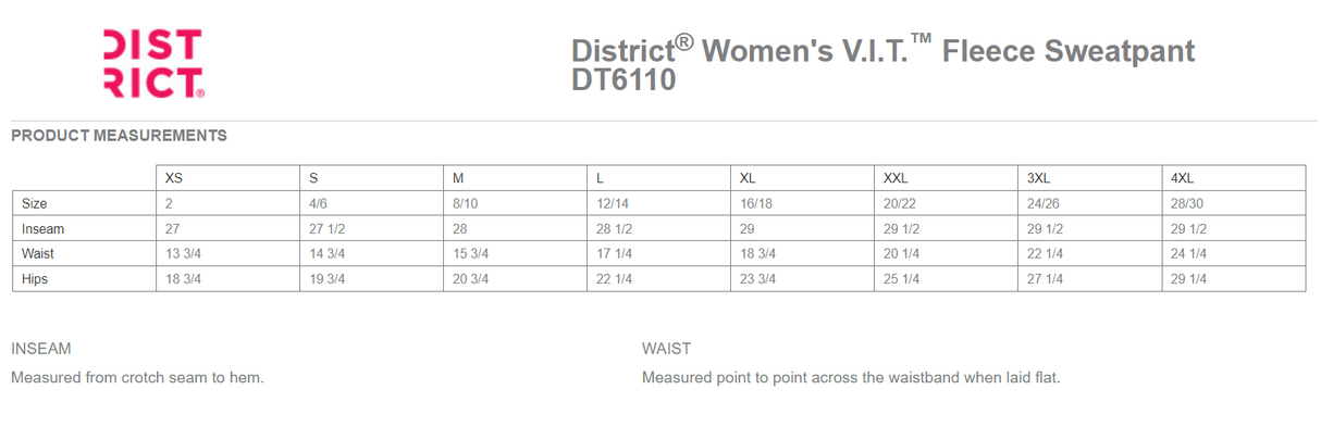 Size chart for a DT6110 District® Women’s V.I.T.™ Fleece Sweatpant
