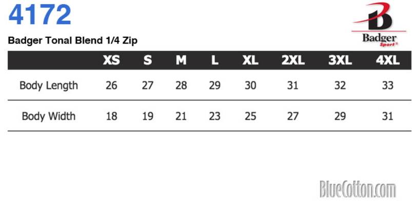 Size chart for a 4172 Badger Tonal Blend 1/4 Zip