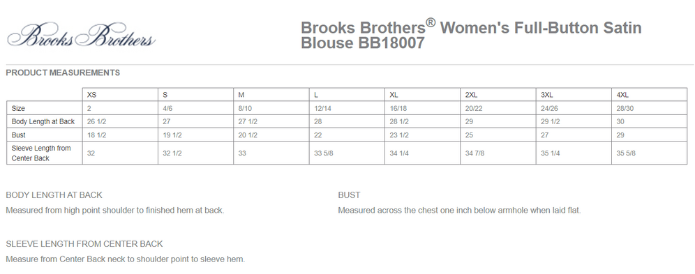 Size chart for a BB18007 Brooks Brothers® Women’s Full-Button Satin Blouse