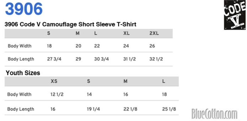 Size chart for a 3906 Code V Camouflage Short Sleeve T-Shirt