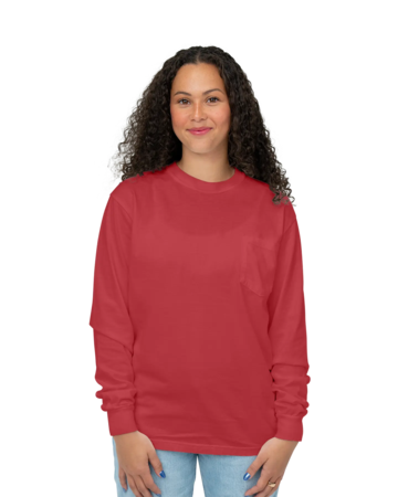 Model wearing a CC4410 Comfort Colors Long Sleeve Pocket T-shirt