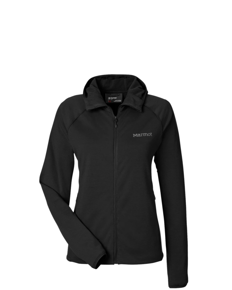 Image of a model wearing a M15393 Marmot Ladies' Leconte Full Zip Hooded Jacket