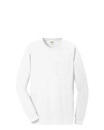 Model wearing a PC099LSP Port & Company Pigment Dyed Long Sleeve Pocket Tee
