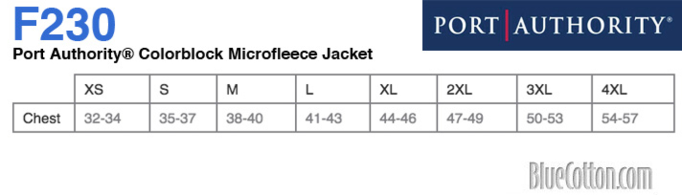 Size chart for a F230 Port Authority Colorblock Microfleece Jacket