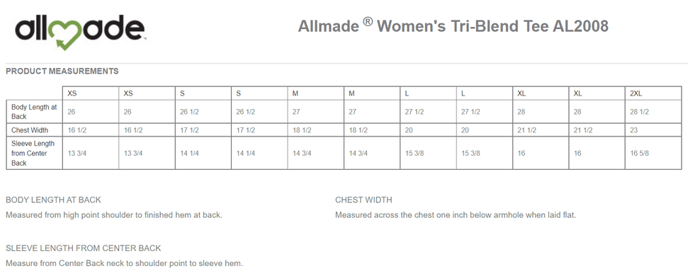 Size chart for a AL2008 Allmade® Women’s Tri-Blend Tee