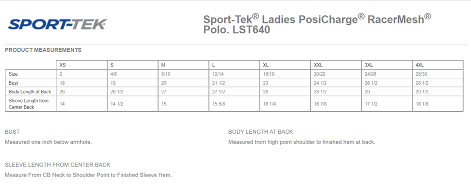Size chart for a LST640 Sport-Tek Ladies PosiCharge RacerMesh Polo