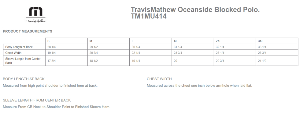 Size chart for a TM1MU414 TravisMathew Oceanside Blocked Polo