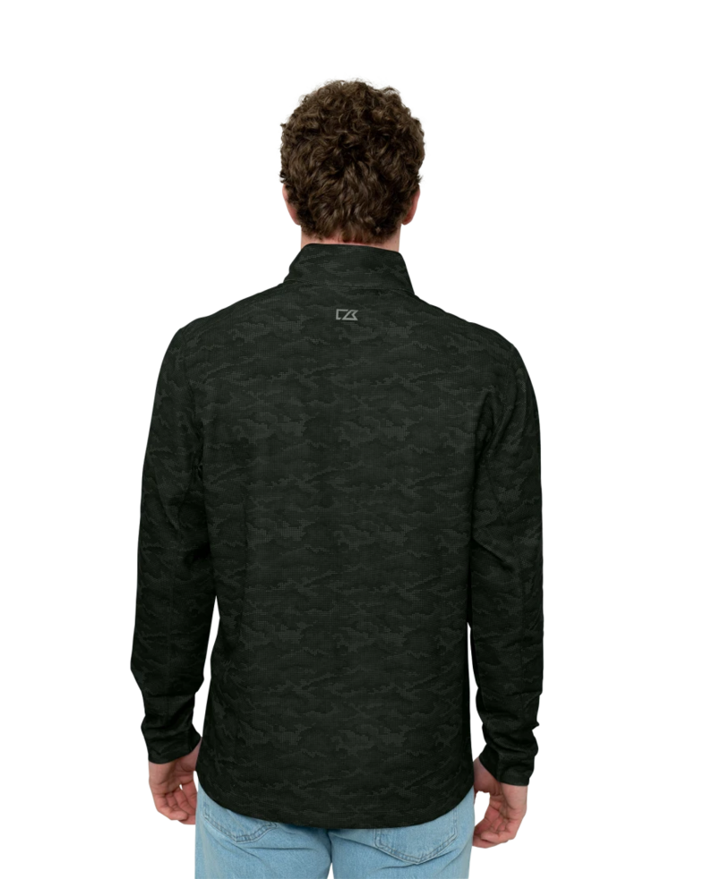 Image of a model wearing a MCK01081 Cutter & Buck Traverse Camo Print Stretch Quarter Zip Men's Pullover