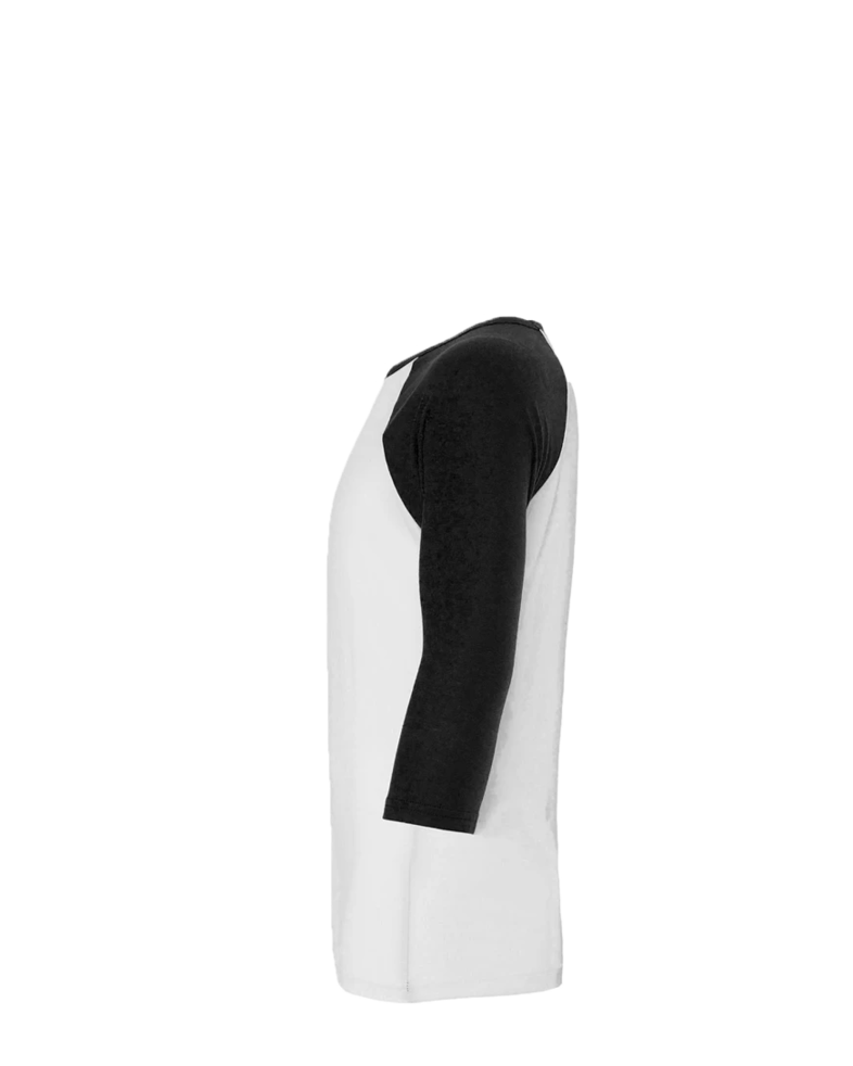 Image of a model wearing a 3200 Bella + Canvas Unisex Three-Quarter Sleeve Baseball T-Shirt