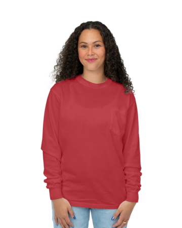 Model wearing a CC4410 Comfort Colors Long Sleeve Pocket T-shirt