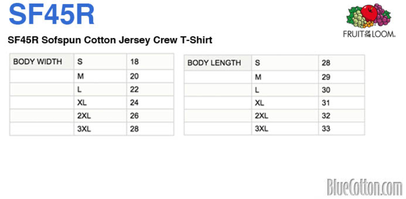 Size chart for a SF45R Sofspun Cotton Jersey Crew T-Shirt