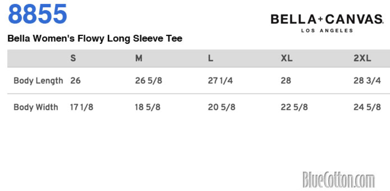 Size chart for a 8855 Bella Women's Flowy Long Sleeve Tee