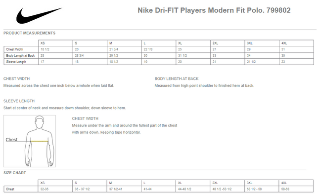 Size chart for a 799802 Nike Dri-FIT Players Modern Fit Polo