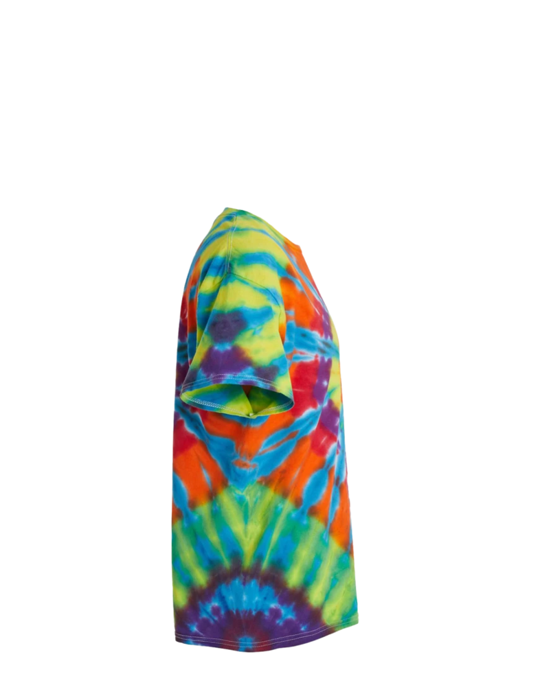 Image of a model wearing a 200TD Tie-Dyed Rainbow Cut-Spiral Tee