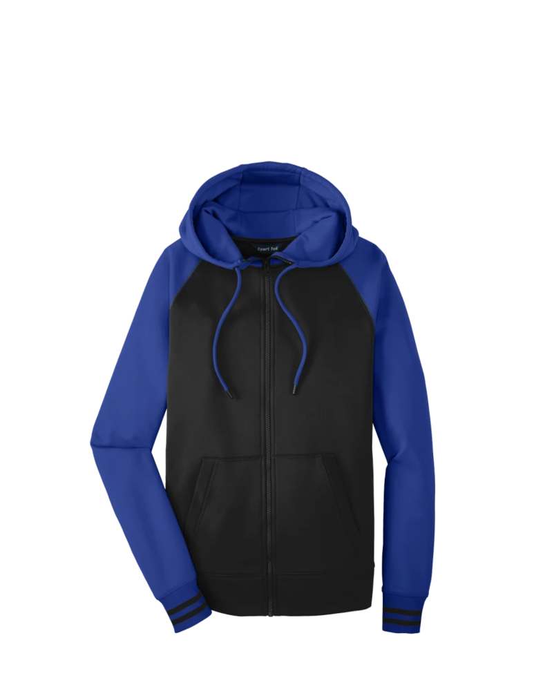 Image of a model wearing a ST236 Sport-Tek Sport-Wick Varsity Fleece Full-Zip Hooded Jacket