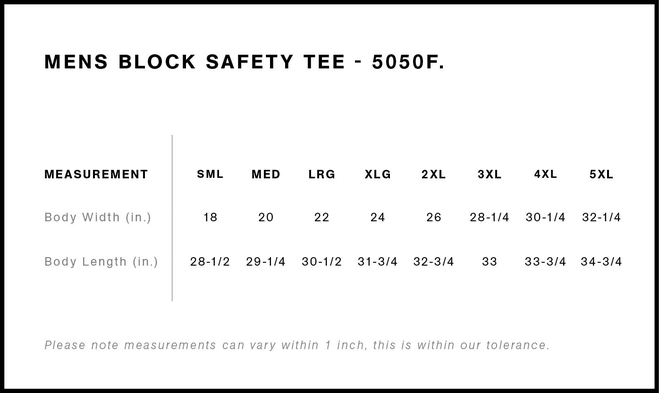 Size chart for a 5050F AS Colour Block Safety Tee