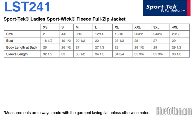 Size chart for a LST241 Sport-Tek Ladies Sport-Wick Fleece Full-Zip Jacket