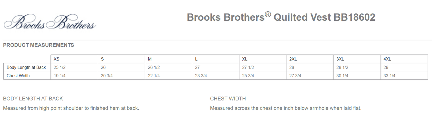 Size chart for a BB18602 Brooks Brothers® Quilted Vest
