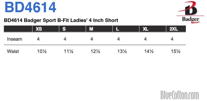 Size chart for a BD4614 Badger Sport B-Fit Ladies' 4 Inch Short
