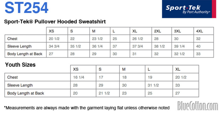 Size chart for a ST254 Sport-Tek Pullover Hooded Sweatshirt