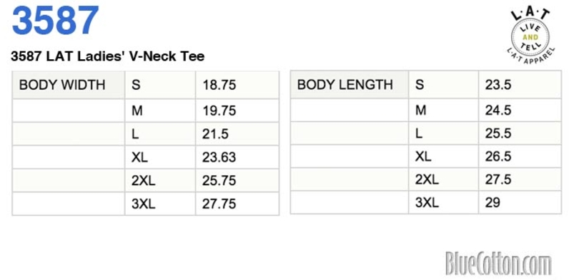 Size chart for a 3587 LAT Ladies' V-Neck Tee