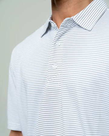 Closeup of a MCK00144 Cutter & Buck Forge Pencil Stripe Stretch Mens Polo
