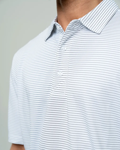 Closeup of a MCK00144 Cutter & Buck Forge Pencil Stripe Stretch Mens Polo