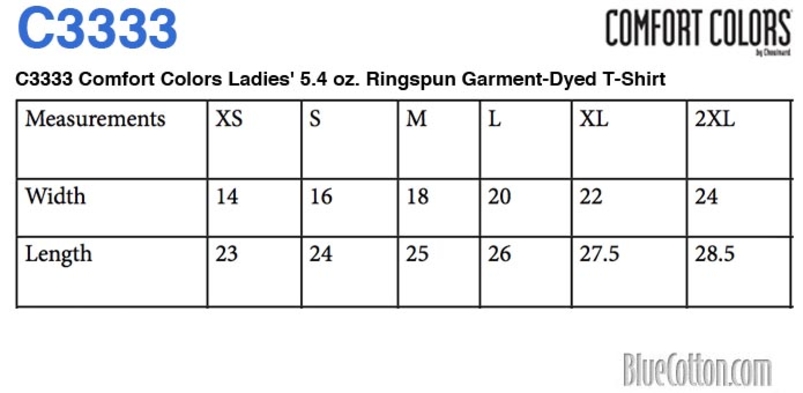 Size chart for a C3333 Comfort Colors Ladies' 5.4 oz. Ringspun Garment-Dyed T-Shirt