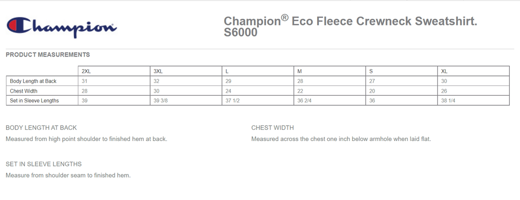 Size chart for a S6000 Champion Eco Fleece Crewneck Sweatshirt
