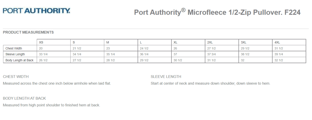 Size chart for a F224 Port Authority Microfleece 1/2-Zip Pullover