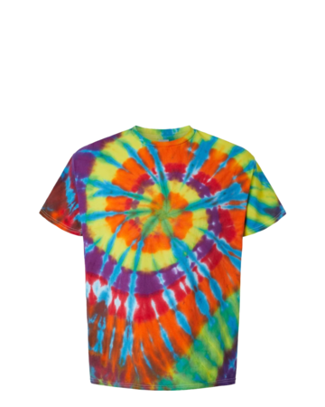 Model wearing a 200TD Tie-Dyed Rainbow Cut-Spiral Tee