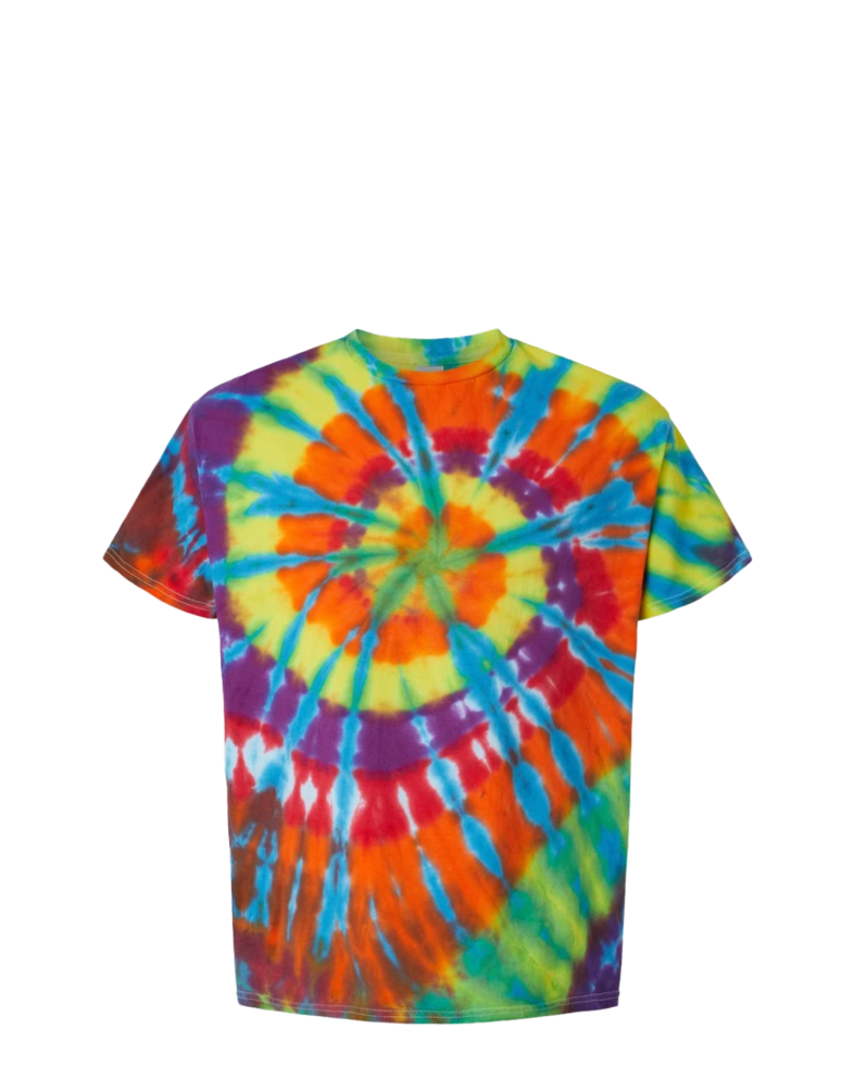 Image of a model wearing a 200TD Tie-Dyed Rainbow Cut-Spiral Tee