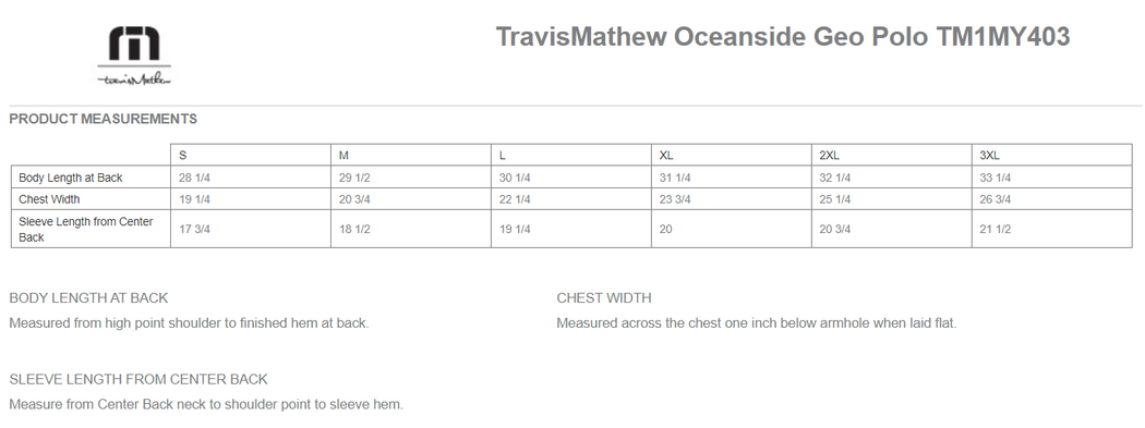 Size chart for a TM1MY403 TravisMathew Oceanside Geo Polo