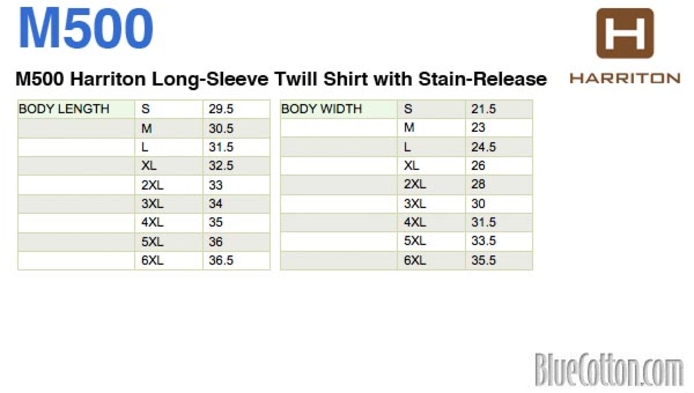 Size chart for a M500 Harriton Long-Sleeve Twill Shirt with Stain-Release