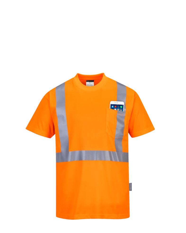 Image of a model wearing a S190 Portwest Hi-Vis Pocket T-Shirt
