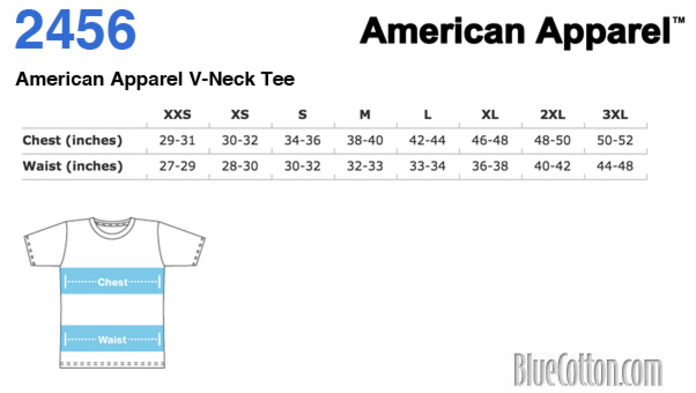 Size chart for a 2456 American Apparel V-Neck Tee