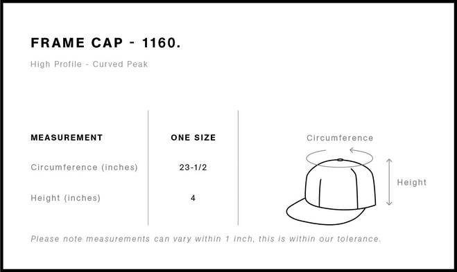 Size chart for a 1160 AS Colour Frame Cap