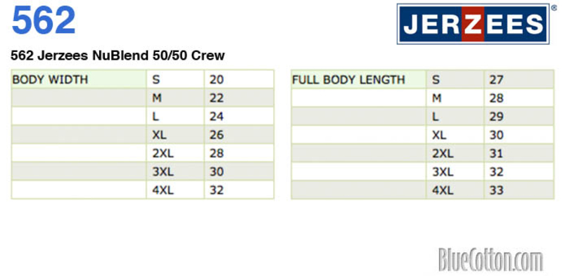 Size chart for a 562 Jerzees NuBlend 50/50 Crewneck