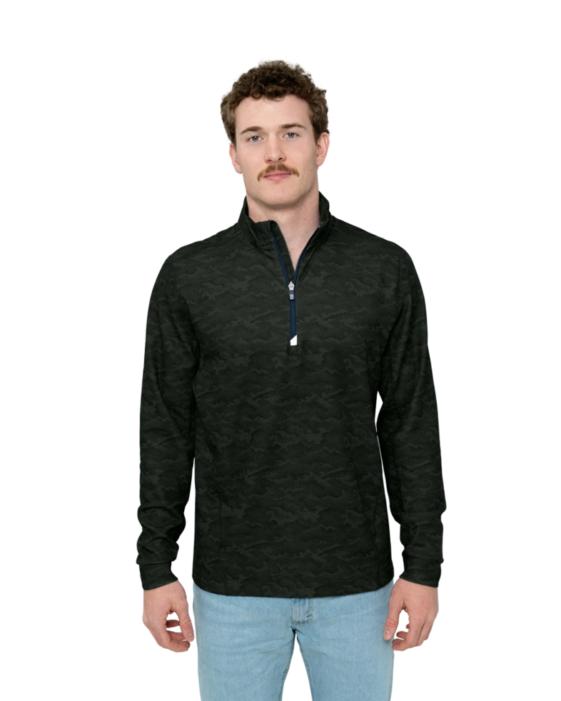 Image of a model wearing a MCK01081 Cutter & Buck Traverse Camo Print Stretch Quarter Zip Men's Pullover