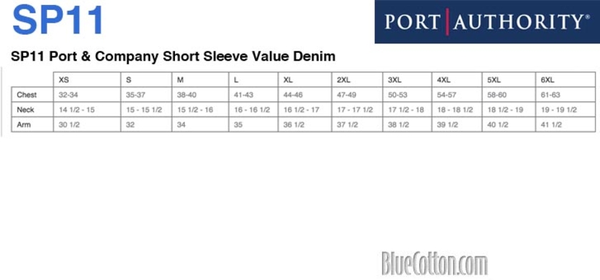 Size chart for a SP11 Port & Company Short Sleeve Value Denim